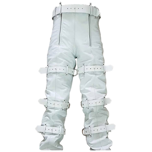Men Real White Leather Locking Bondage Jeans with Rear Zip