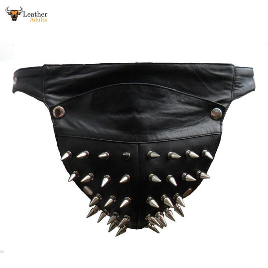 Black leather jockstrap with metal spikes and adjustable waistband