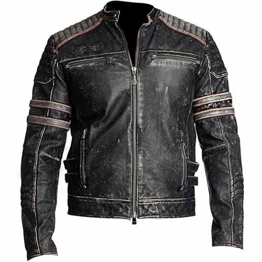 Retro 1 Men's Vintage Motorcycle Cafe Racer Biker Black Real Leather Jacket