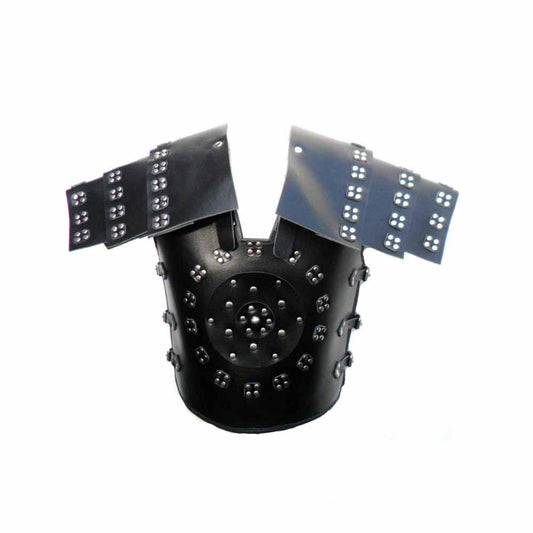Front view of black leather body armour cuirass with chrome stud detailing and layered shoulder pauldrons.