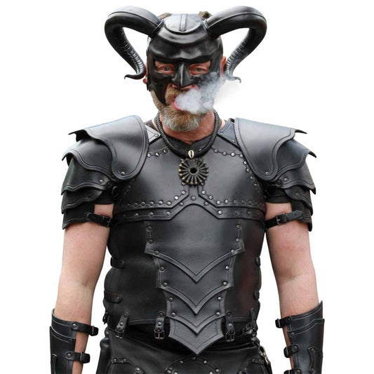 Man wearing the black leather body armor cuirass with studded chest paneling and layered shoulder pauldrons.