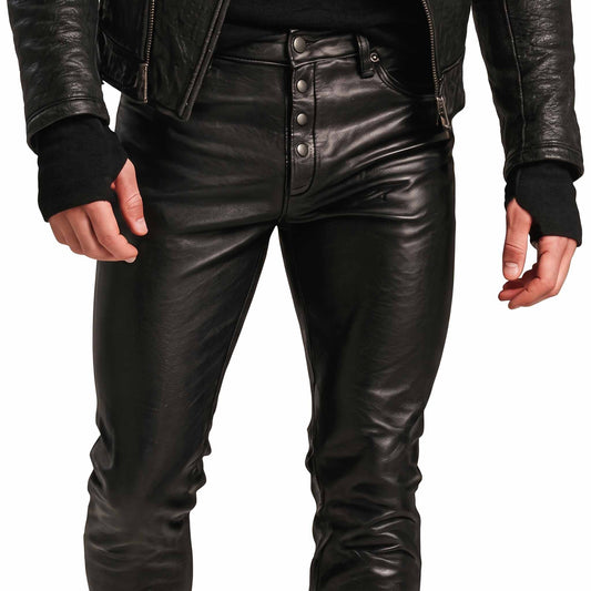 Detailed macro shot of mens black leather pants highlighting five button fly placket, coin pocket, and belt loops