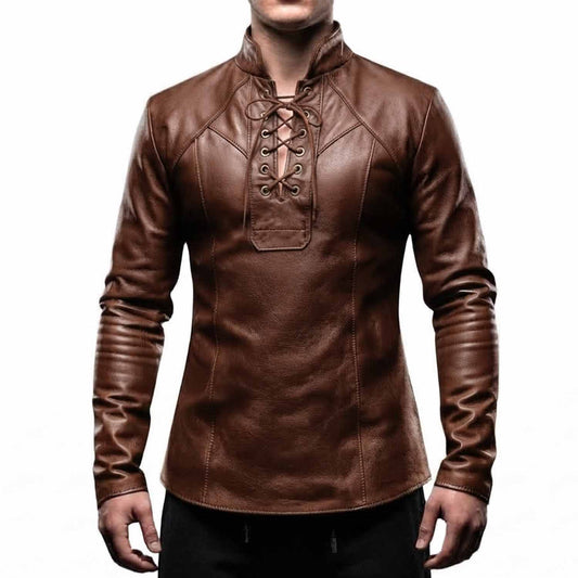 Front view of the artisan-crafted brown leather steampunk pirate top with adjustable chest lacing and pleated sleeves.