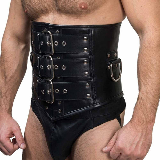 Side-front view of male wearing a heavy black cow leather corset cincher with triple front buckle straps and waist D-rings.