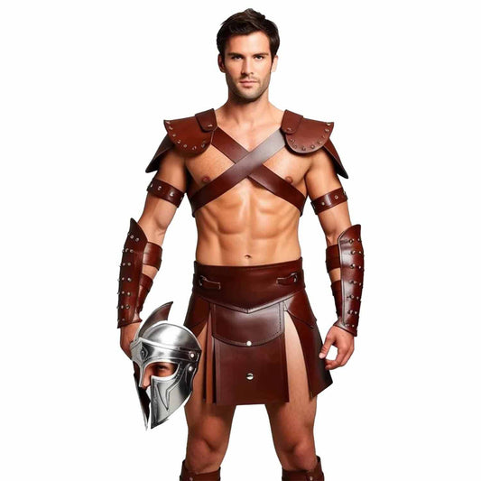 Mens Brown Leather Gladiator Costume Historical Reenactment Armor Kilt Set Roman Warrior LARP