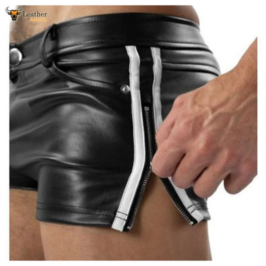 a pair of men's leather shorts designed for stylish and comfortable summer wear. The shorts are crafted from soft, high-quality leather, showcasing a sleek black finish with distinctive white zippers that add a modern touch.