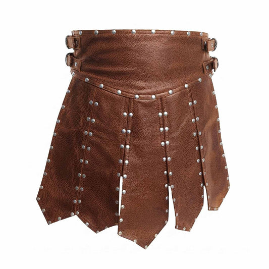 A brown real leather kilt or skirt with silver metal studs and buckle details, shown against a plain white background.