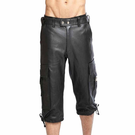 Front view of men's black genuine top-grain leather combat cargo shorts featuring double snap waist button closure, side cargo flap pockets, and drawstring knee ties.