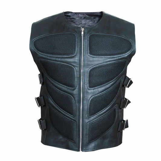 Front view of men's black cowhide leather biker waistcoat vest featuring 8 padded tactical mesh chest panels, front zipper, and six side-adjustment buckles.