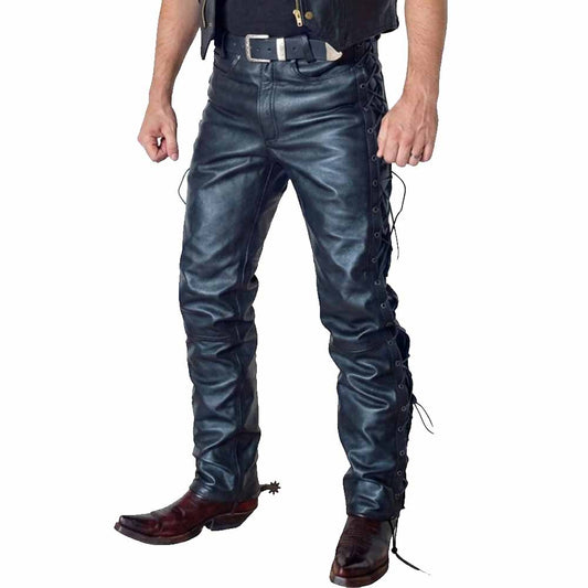 Three-quarter view of man wearing black cowhide side-laced leather biker pants with western boots