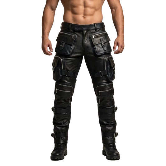 A muscular man wearing black leather biker pants with multiple utility pockets and black leather chaps boots, standing against a neutral studio background. The 'Leather Mania' logo is visible in the top-left corner.