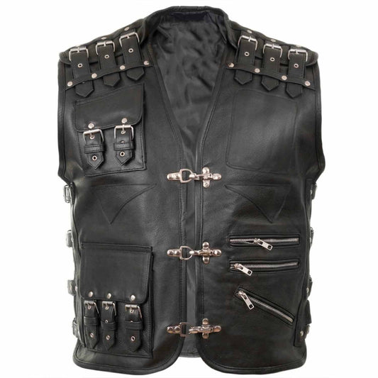 Front view of men's black cowhide leather motorcycle vest featuring fish-hook clasps and buckle pockets