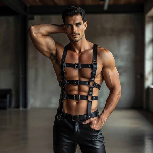 Muscular man posing in industrial warehouse wearing handmade black cowhide leather chest harness with multi tier buckle straps and metal O rings