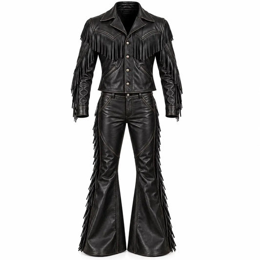 Handmade Men’s Black Leather Cowboy Fringe Outfit | Western Rodeo Jacket & Bell Bottom Flared Pants Set, Vintage Rocker Costume