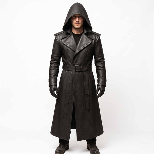 Full front view of man wearing handmade black cowhide leather hooded trench coat with double breasted lapel, waist belt, and leather gloves