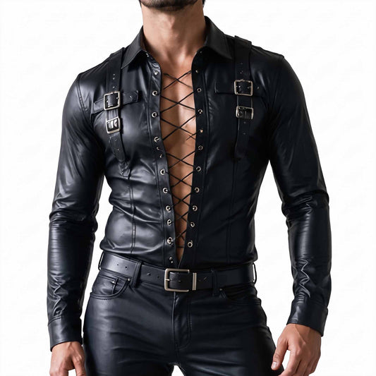 Front torso shot of muscular man wearing handmade black leather shirt with deep chest cord lacing and dual shoulder buckle straps