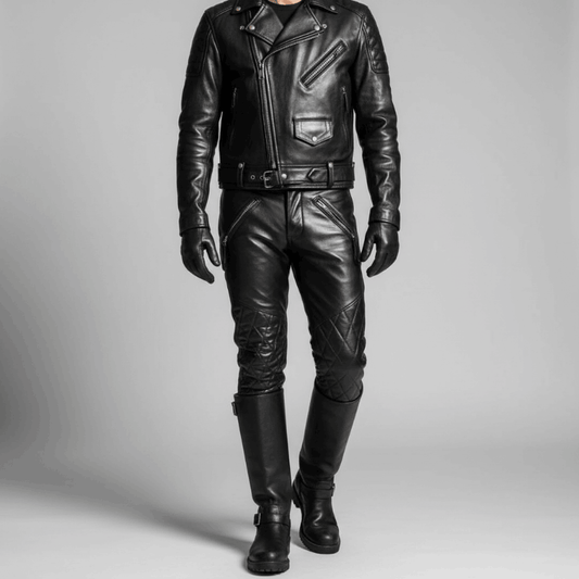 Men's Black Real Cowhide Leather Quilted Slim BLUF Trousers Pants Bikers Jeans Leder Breeches