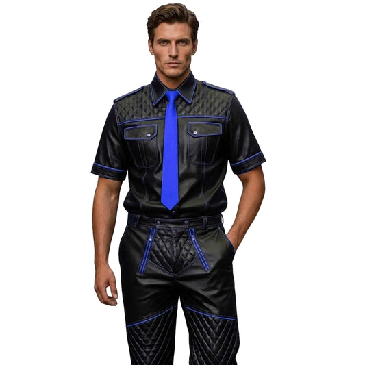 Men’s Black & Blue Contrast Real Leather Shirt & Breeches Set BLUF Style