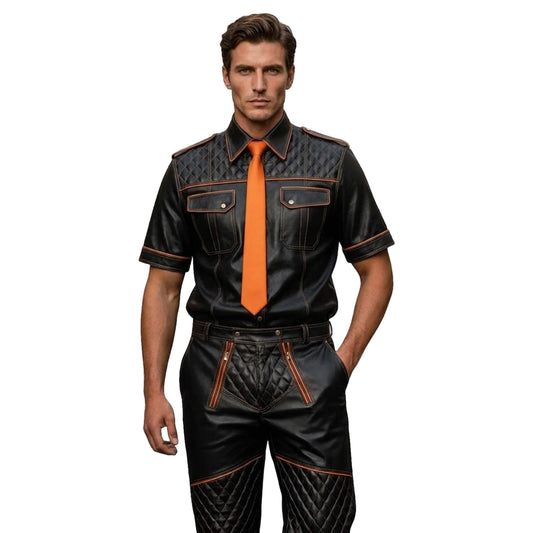 Men’s Black & Orange Contrast Real Leather Shirt & Breeches Set BLUF Style