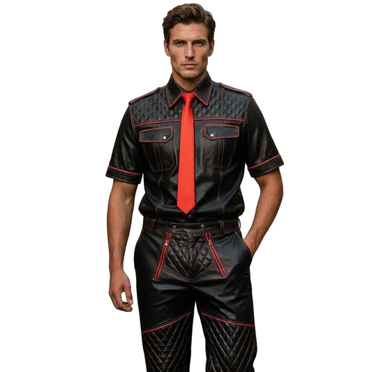 Men’s Black & Red Contrast Real Leather Shirt & Breeches Set BLUF Style