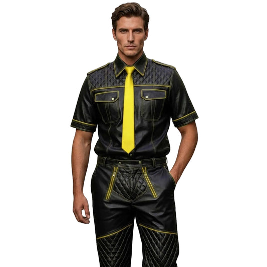 Men’s Black & Yellow Contrast Real Leather Shirt & Breeches Set BLUF Style