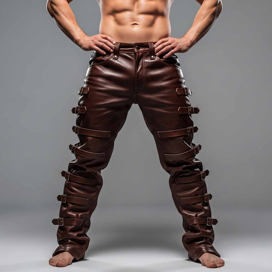 Full front view of muscular man wearing handmade brown cowhide leather pants with multiple side roller buckle straps on grey background