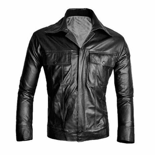 Front view of a men's black real lambskin leather Elvis Presley style jacket with chest flap pockets and flared shirt collar.