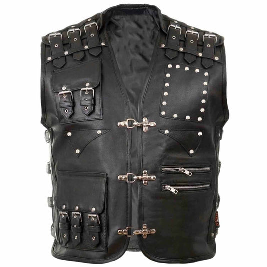 Front view of men's black genuine cowhide leather motorcycle vest featuring 3 metal fish-hook closures, buckle pockets, and shoulder adjusters.