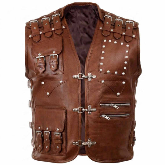 Men’s Genuine Brown Cowhide Leather Motorcycle Vest