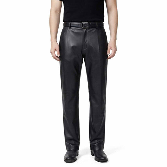 Full-length front view of a man wearing classic-fit blsck leather formal trousers with a smooth finish and straight leg.