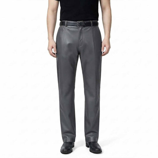 Full-length front view of a man wearing classic-fit gray leather formal trousers with a smooth finish and straight leg.