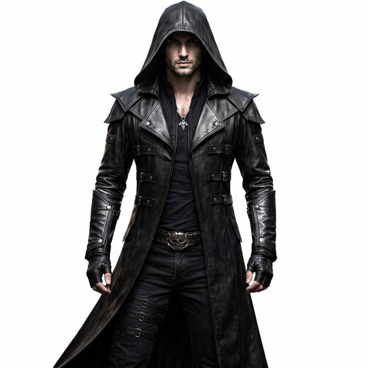Front view of athletic man wearing handmade black cowhide leather hooded trench coat with shoulder pauldrons and front buckle straps