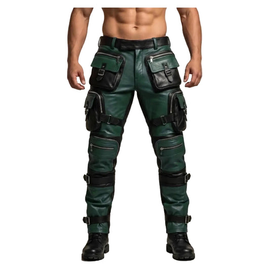 A model's lower body wearing dark green faux leather cargo pants with multiple black utility pockets and straps, paired with black boots, against a neutral beige background.