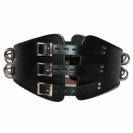 Front view of men's black top-grain cow leather lockable corset cincher belt showing three lockable front buckles and dual side D-rings.