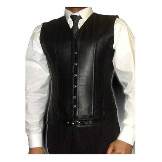 Front view of a man wearing a black Nappa leather steel boned corset waistcoat over a white dress shirt with front busk hook and eye closures.