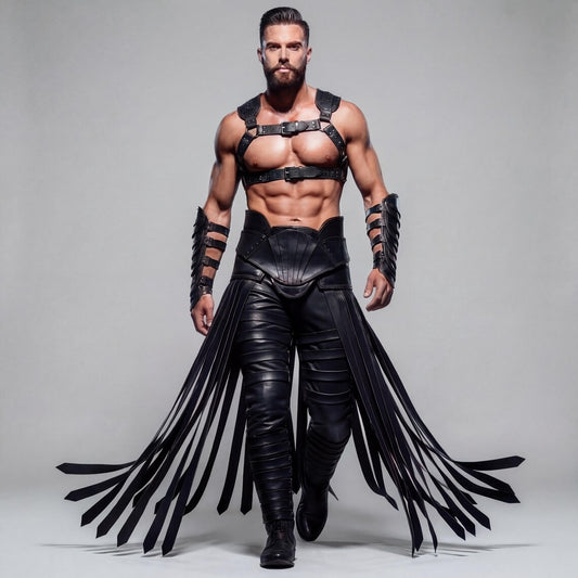 Full length front view of muscular man wearing black leather gladiator harness costume with flowing long fringe battle skirt and matching armored pants