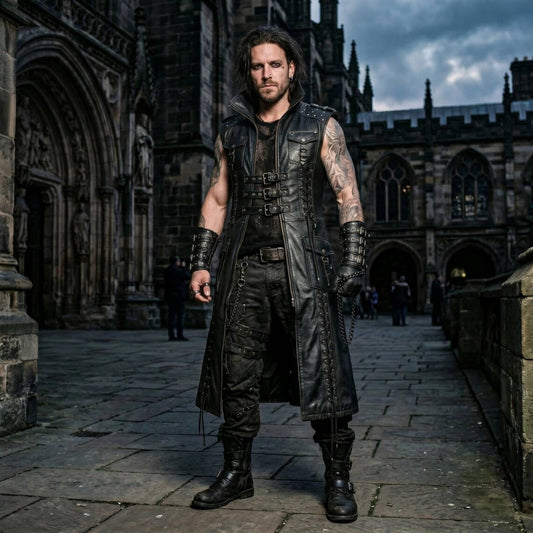 Full length front shot of man wearing handmade black cowhide long leather vest with five front buckles and studded collar outside stone cathedral