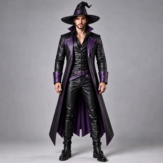 Full front view of a model wearing the complete men's purple and black leather witch costume, featuring the warlock coat, matching wizard hat, pants, and belt.
