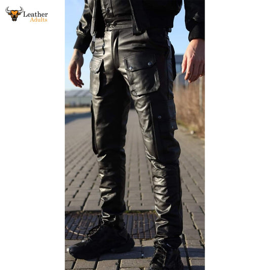 Men's Real Cowhide Leather Cargo Pants Bikers Pants With Multiple Cargo Pockets