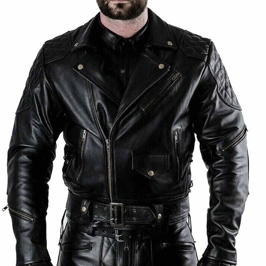 Men's Real Cowhide Leather Quilted Panels Bikers Jacket Thick Cow Leather BLUF Bikers Jacket
