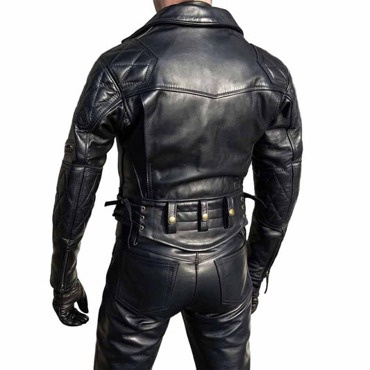 Back profile of a men's black leather motorcycle jacket detailing the diamond-quilted sleeve panels, side-lacing waist adjustments, and heavy-duty seams.