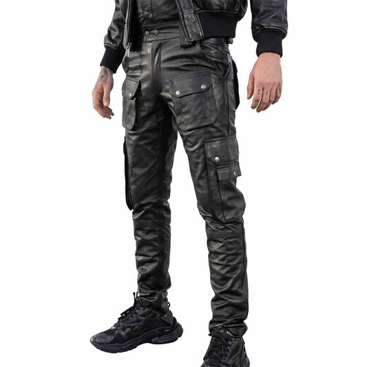 Mid-shot highlighting the double front thigh cargo pockets and sturdy waistband snaps on men's biker leather pants.