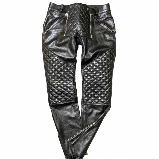 Front view of men's black real cowhide leather pants with quilted knee panels and zipper detailing.