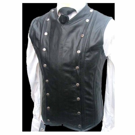 Front view of men's black genuine leather steampunk corset vest styled with a double-breasted silver stud facade over a white dress shirt.