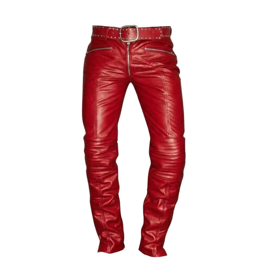 Red leather motorcycle pants with a front zipper, side zip pockets, and a matching red leather belt with silver studs, shown on a white background with a Leather Outlet logo in the top-left corner.