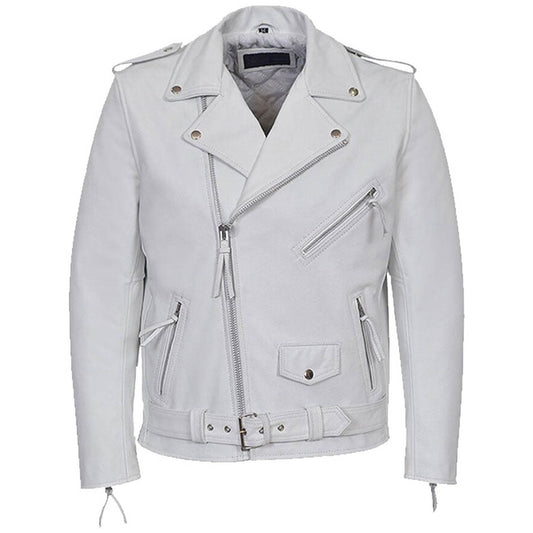 A light gray cow leather motorcycle jacket with silver-tone hardware, featuring an asymmetrical zipper, zippered chest pocket, flap pockets, and a belted waist, shown against a plain white background.