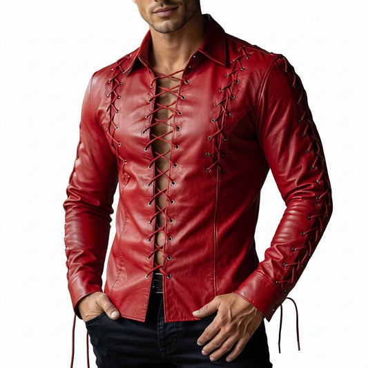 Front torso shot of man wearing handmade red cowhide leather shirt with center chest cord lacing and lace-up sleeves