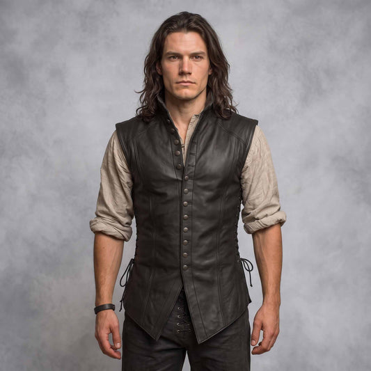 Front view of long-haired man wearing handmade black sheepskin leather jerkin doublet with button-up closure and high stand collar
