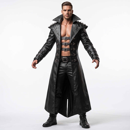 Full length front view of muscular man wearing handmade black cowhide leather gothic trench coat with spiked shoulders and triple chest buckle straps