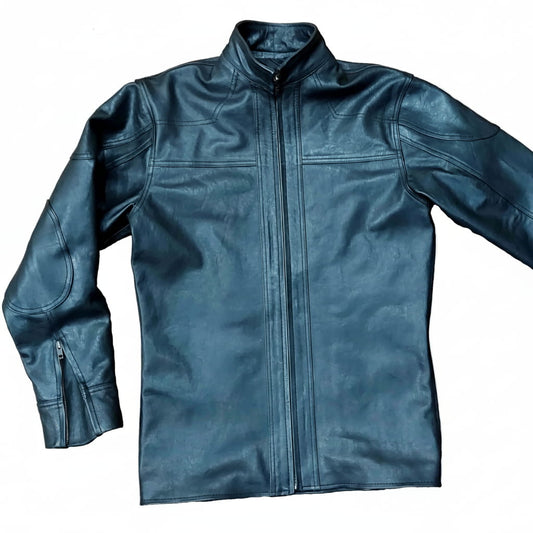 A dark blue leather jacket with a stand-up collar and front zipper, laid flat against a white background.